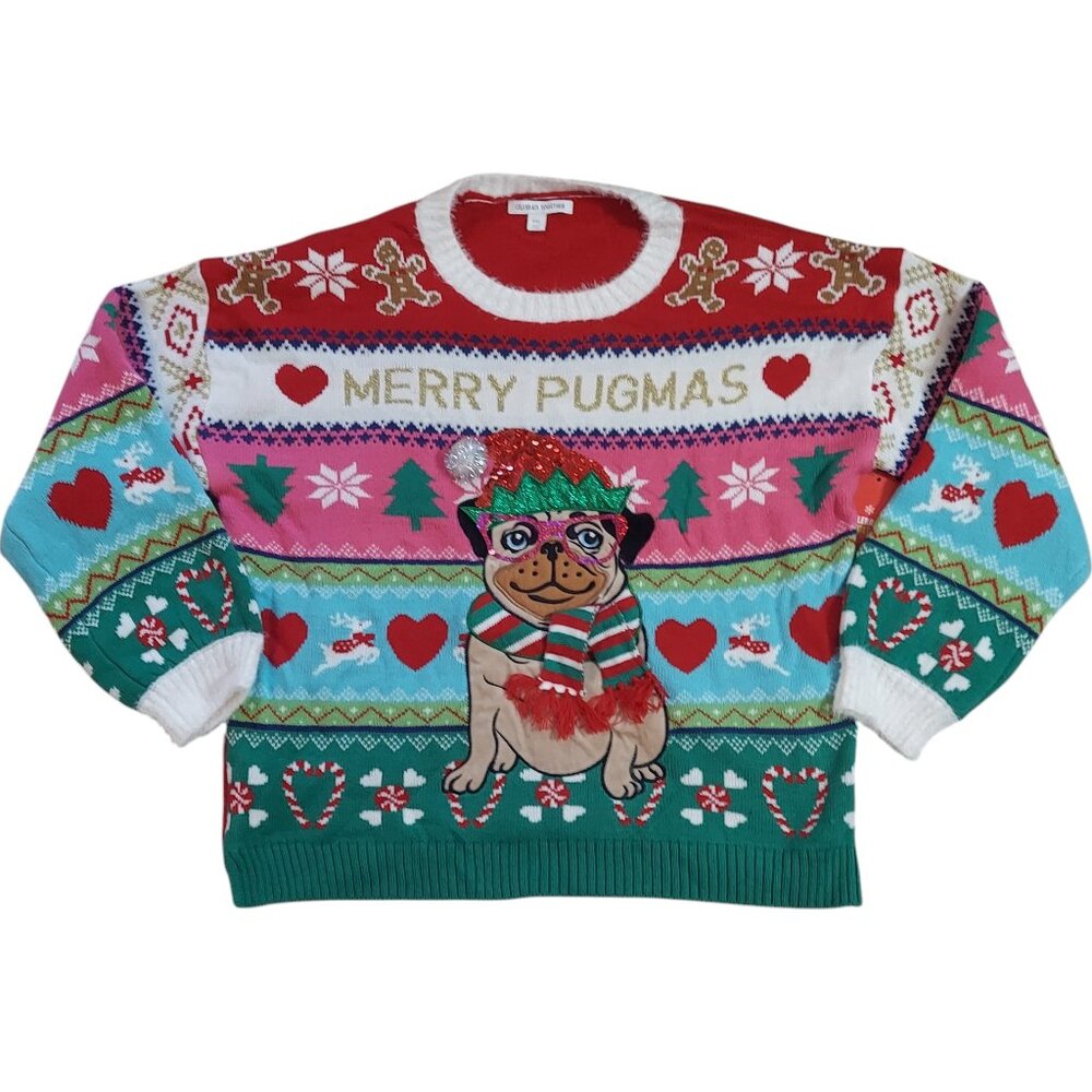 Holiday Ugly Christmas Sweater Women's Red Pug Dog Puppy 3D Merry Pugmas 2X NWT